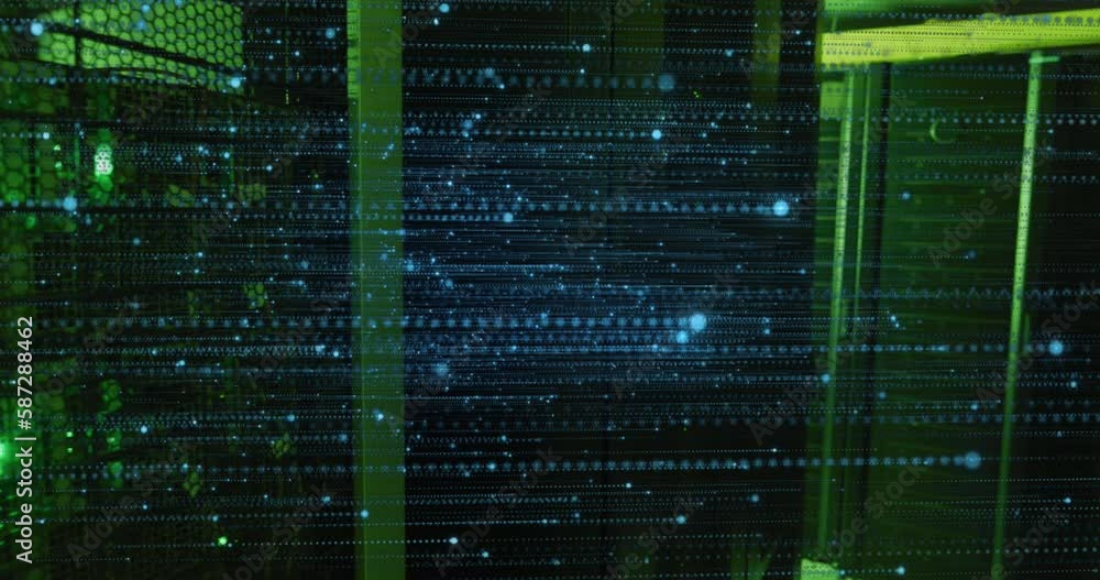 Poster animation of illuminated moving dots over data server room in background