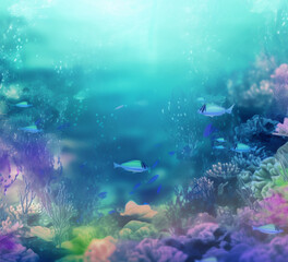Naklejka na ściany i meble underwater scene with reefs and fishes