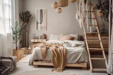 Light over beige bedsheets in cozy bedroom with ladder, posters, and wood. Generative AI