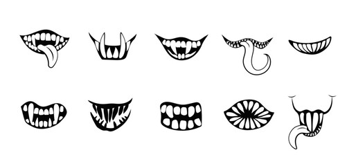 Terrible smiles and grins of monsters set. Angry creature joy with sharp teeth and ferocious vampiric grin for halloween and demonic vector design