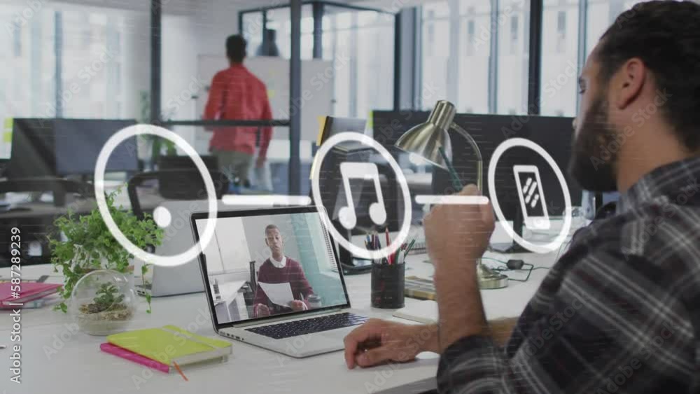 Poster animation of icons and data processing over caucasian businessman on laptop video call