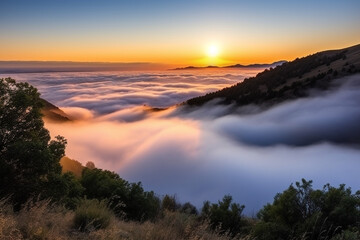 Fototapeta na wymiar Cloud inversion sunrise at the mountain generative AI