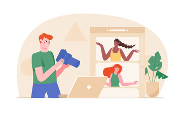 Photo studio orange concept with people scene in the flat cartoon design. Photographer edits photos of model that he took recently.