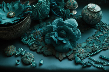 Obraz premium Generative AI of fanoos and dark turquoise floral elements and ramadan lamps. Holiday background