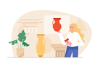 Auction orange concept with people scene in the flat cartoon design. Presenter of auction offers to sell precious vases for a high price.