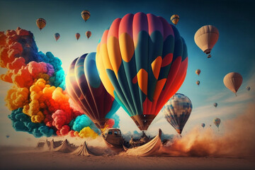 Naklejka premium Fairy tale show with hot air balloons and colorful smoke in the sky. Generative AI.