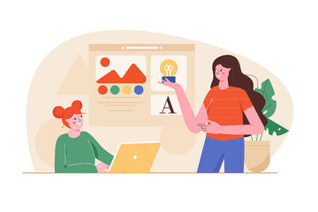 Orange concept Design studio with people scene in the flat cartoon style. Creative designers discuss concept of new web site.