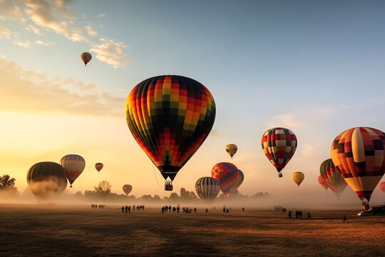 Fairy tale show with hot air balloons and colorful smoke in the sky. Generative AI. 