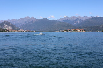 Scenic view of Lake Maggiore and the island of Isola Bella. Beautiful Italian landscape.
