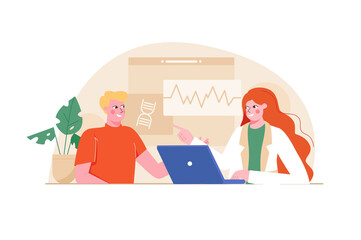 Doctors appointment orange concept with people scene in the flat cartoon style. Doctor explains to the patient what is shown on his cardiogram.