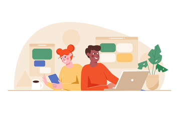 People use gadgets orange concept with people scene in the flat cartoon style. Two friends use smartphone and laptop for communicating with a world.