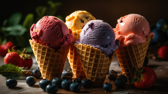 Cornets de glace et sorbets au parfum fruits rouges , fruits des bois et feuilles de menthe, boules de diff&eacute;rentes couleurs et saveurs