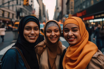 Obraz premium Portrait of three arabian friends smiling an looking at camera on street. Colorful hijab. Empowerment women. Generative AI.