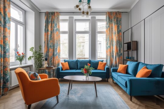 Bright and pleasant living room with blue curtains, orange cushioned couch, gray armchair, and wooden table with two coffee cups. Real picture. Generative AI