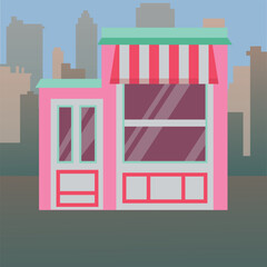 A pink and green shop with a cityscape in the background.