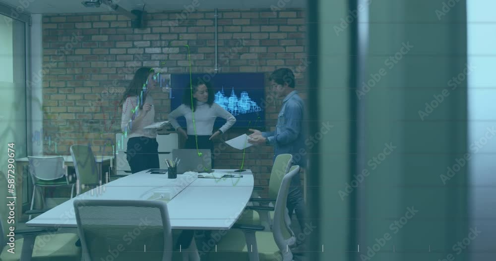 Poster animation of multiple graphs over diverse coworkers discussing blueprint on laptop in office