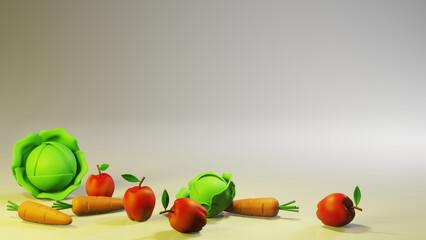 3d illustration with cabbage, carrots and apples with space for text. Background image for menu design, vegetable shops, themed autumn harvest events.