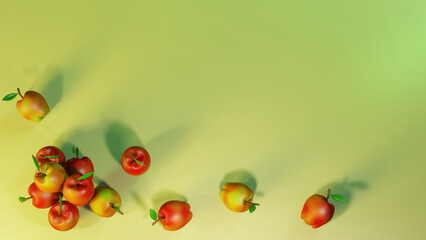 3d illustration with composition of apples and place for text. Background image for menu design, vegetable shops, themed autumn harvest events.