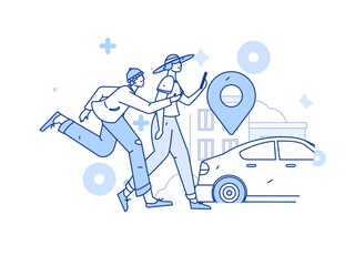 Flat vector concept operation hand-drawn illustration of people taking a taxi 