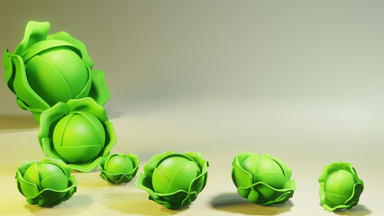 3d illustration with a composition of cabbage rolls and a place for text. Background image for menu design, vegetable shops, themed autumn harvest events.