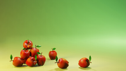 3d illustration with composition of apples and place for text. Background image for menu design, vegetable shops, themed autumn harvest events.