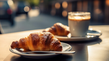 Petit déjeuner parisien, café crème et croissants sur la table d'un bistrot typique au petit matin