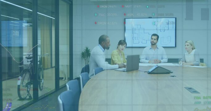 Animation of financial data processing over diverse business people in office