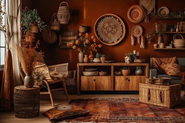 Fototapeta na wymiar Ethnic living room with wicker baskets, wooden seat, couch, and attractive personal decorations. Cozy flat. Template. Generative AI