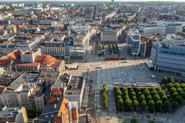 Market Square in Katowice city, Silesia region of Poland, aerial view with Skarbek building and Silesian Theater - obrazy, fototapety, plakaty