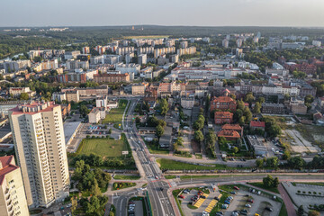 Aerial drone view of Katowice city in Poland, one of the The Stars building on left