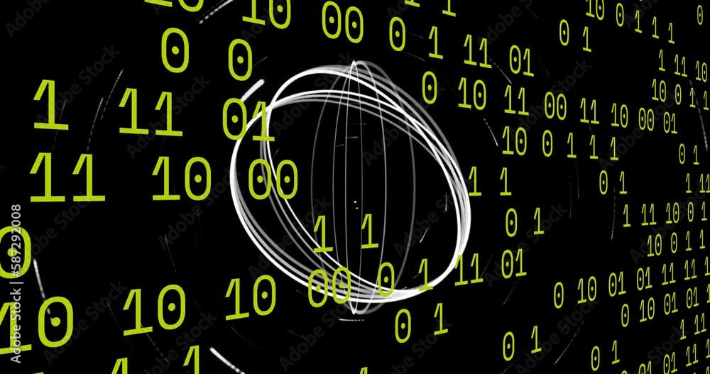 Poster animation of moving circles over binary codes against black background