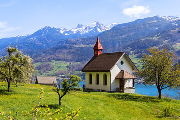 Betlis Chapel in spring time at the village of Amden over the Walensee Lake in Switzerland
