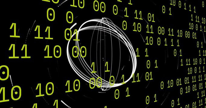 Animation of moving circles over binary codes against black background