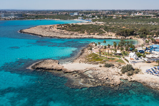 Area of Nissi Beach and Latchi Adams Beach in Ajia Napa resort in Cyprus island country