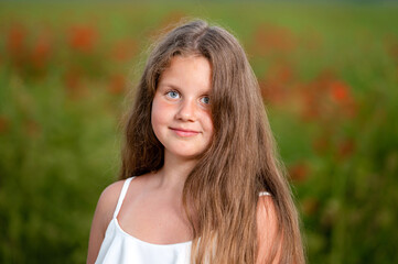 Fototapeta premium portrait of a girl on the background of a field of poppies in the evening sunlight, closeup