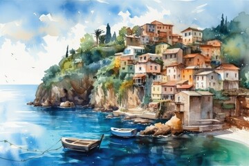 picturesque village perched on a cliff, painted in watercolor. Generative AI