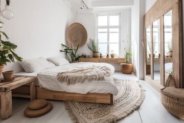 White wall, eco wooden mirror, and flower pots in a large bedroom. Rustic bohemian bedroom. Generative AI