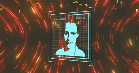 Animation of digital profile pictures over confetti and circular wave pattern on black background - Powered by Adobe