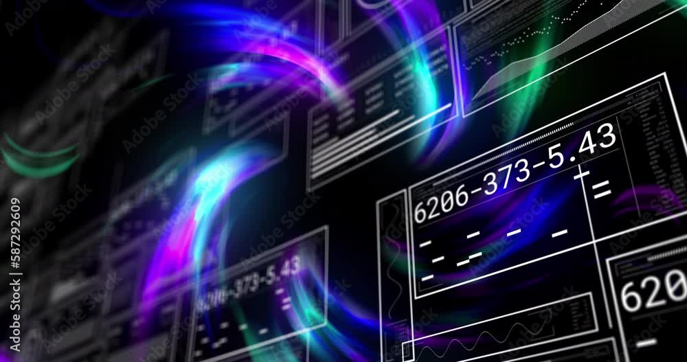 Poster Animation of multicolored abstract pattern over graphs, numbers, loading bars on black background