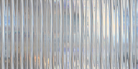 Seamless iridescent silver holographic chrome foil vaporwave background texture pattern. Trendy pearlescent pastel rainbow prism effect. Corrugated ribbed privacy glass refraction 3D rendering..