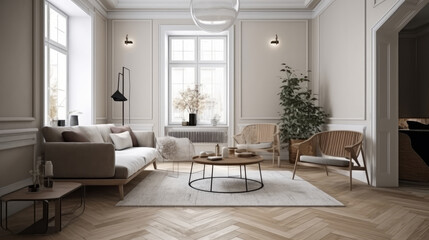 Naklejka na ściany i meble Scandinavian home interior. Illustration AI Generative