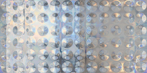 Seamless iridescent silver holographic chrome foil vaporwave background texture pattern. Reflective rainbow prism light effect. Futuristic geometric polkadot circles glass refraction 3D rendering.