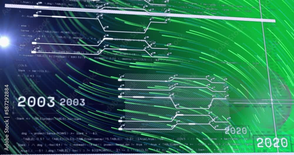 Poster animation of circuit board patterns with computer language over moving lines on black background