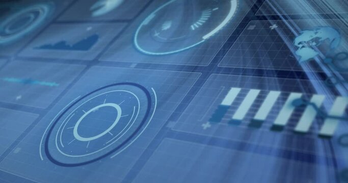 Animation of graphs, loading circles ang globe over wave pattern against abstract background