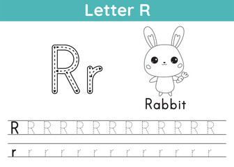 Alphabet ABC, a-z exercise. Coloring page. Trace letter R. Vocabulary for coloring book. Cute kawaii rabbit with carrot. Printable activity worksheet. Educational game. Vector illustration