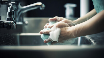 People washing hands. Hygienic cleaning. Hand cleaning. Doctors or people entering and leaving the operating room wash their hands. Generative AI.