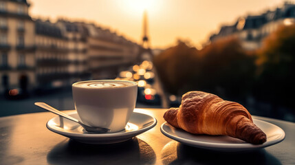 Petit déjeuner parisien, café crème et croissants sur la table d'un bistrot typique au petit matin
