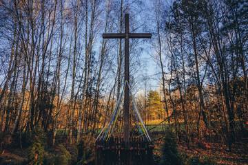 Wayside cross in Popien Nature Reserve - a forest nature reserve in Jezow commune, Lodzkie...
