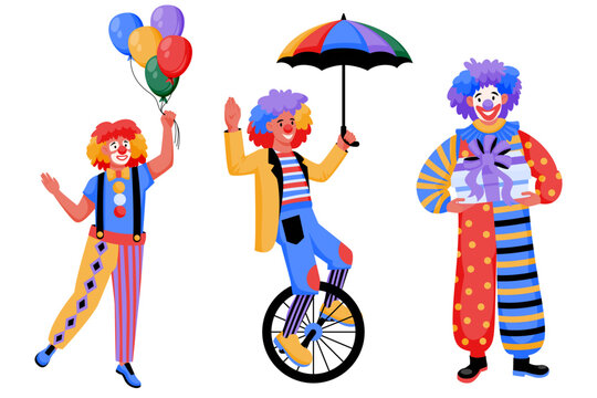 Circus clowns set. Vector illustration of jokers in carnival costumes. Amusement park or birthday party design elements