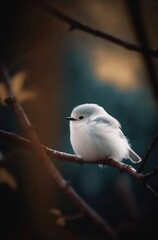 Fototapeta premium Tiny white bird sits on the branch in the forest. Blurred background, focus on the bird. Generative AI.